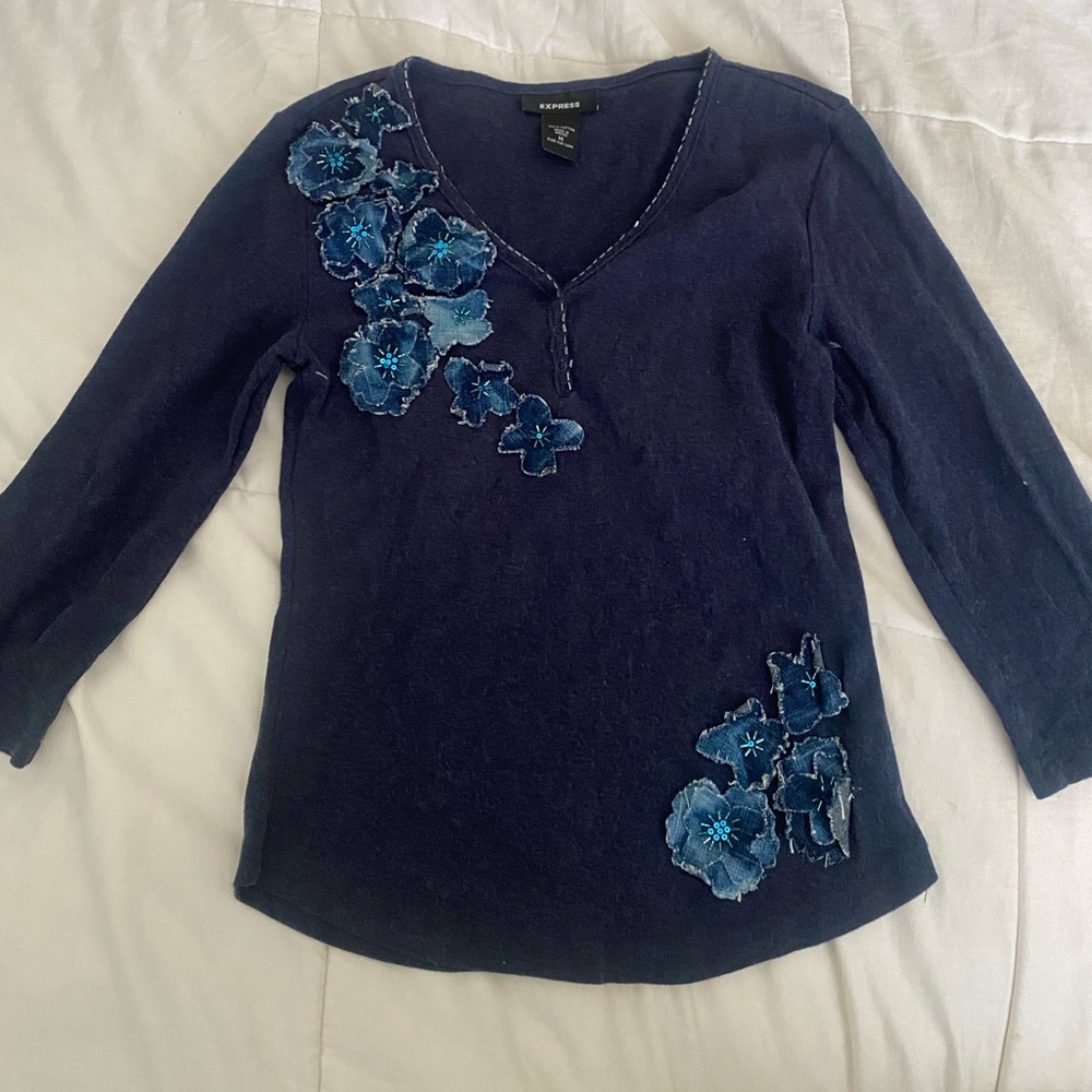 Express Navy Blue Shirt with plaid sparkly flowers